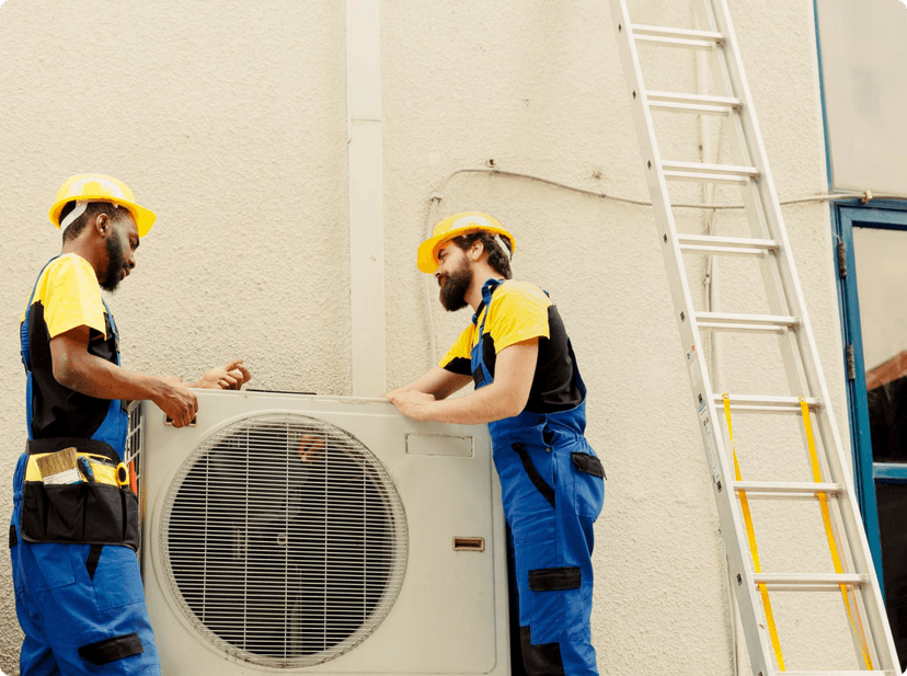 Two men working in a HVAC system in rooftop